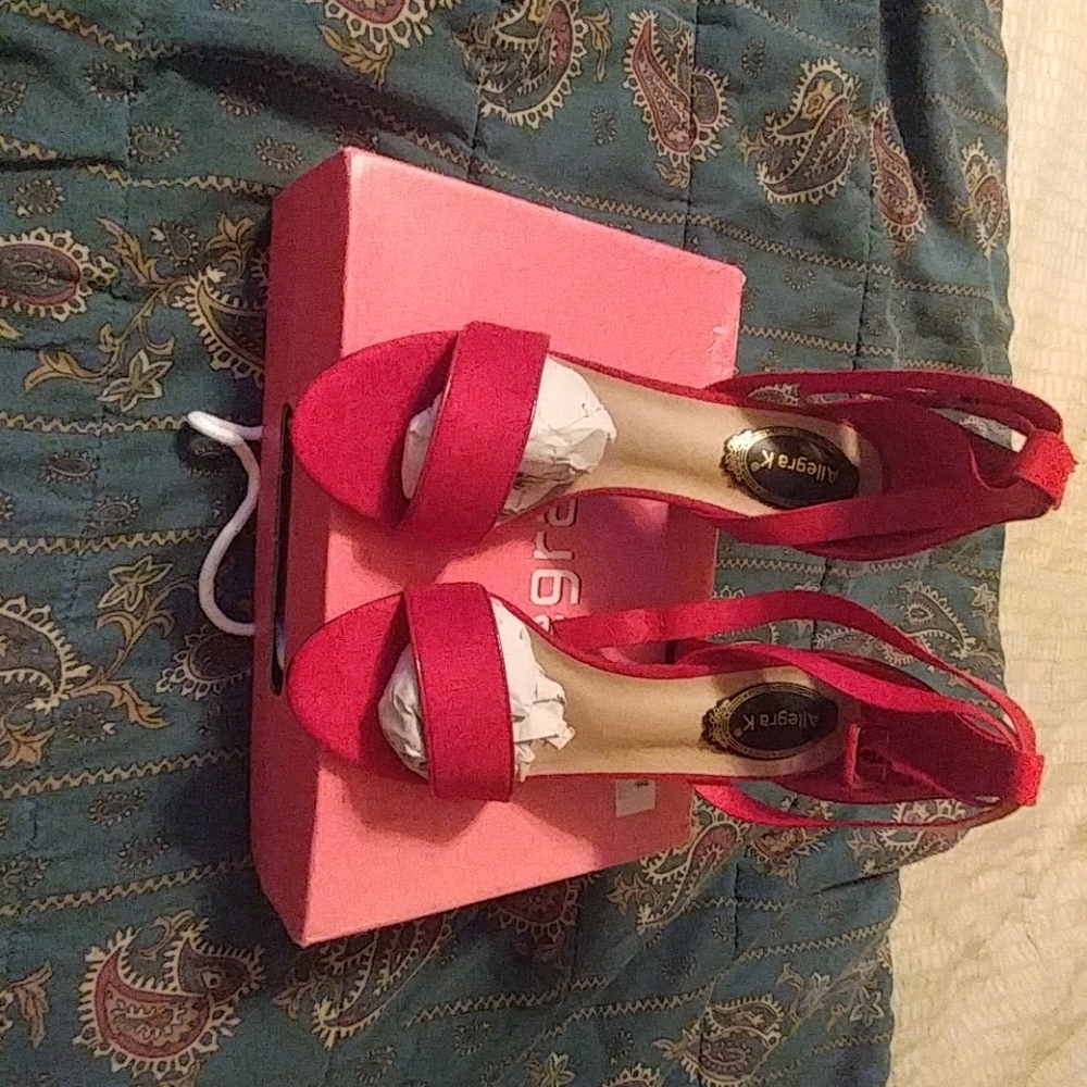 Red ankle wrap open toe sandals with 3 inch heels